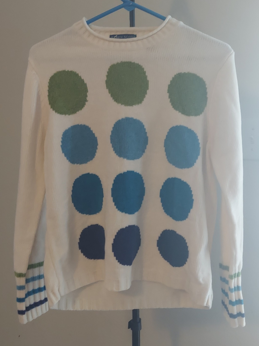 Karen Scott Cream Crewneck Sweater with Green and Blue Polka Dots